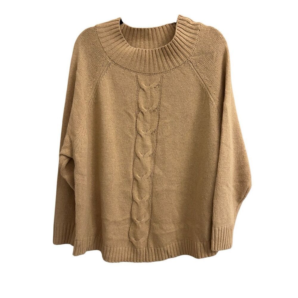 Heathmoor Cable Mock Neck Tan Boho Sweater S/M Neutral relaxed fit
